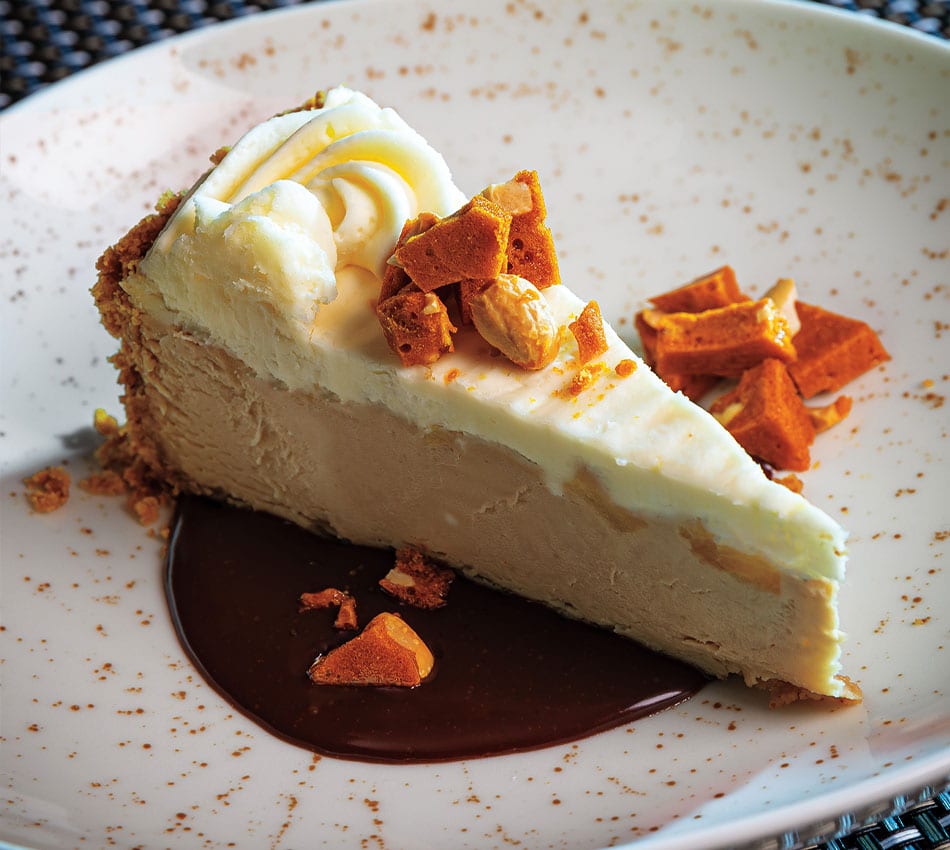 Caramel Apple Cheesecake with Chocolate-Root Beer Sauce & Salty Peanut-Ginger Brittle